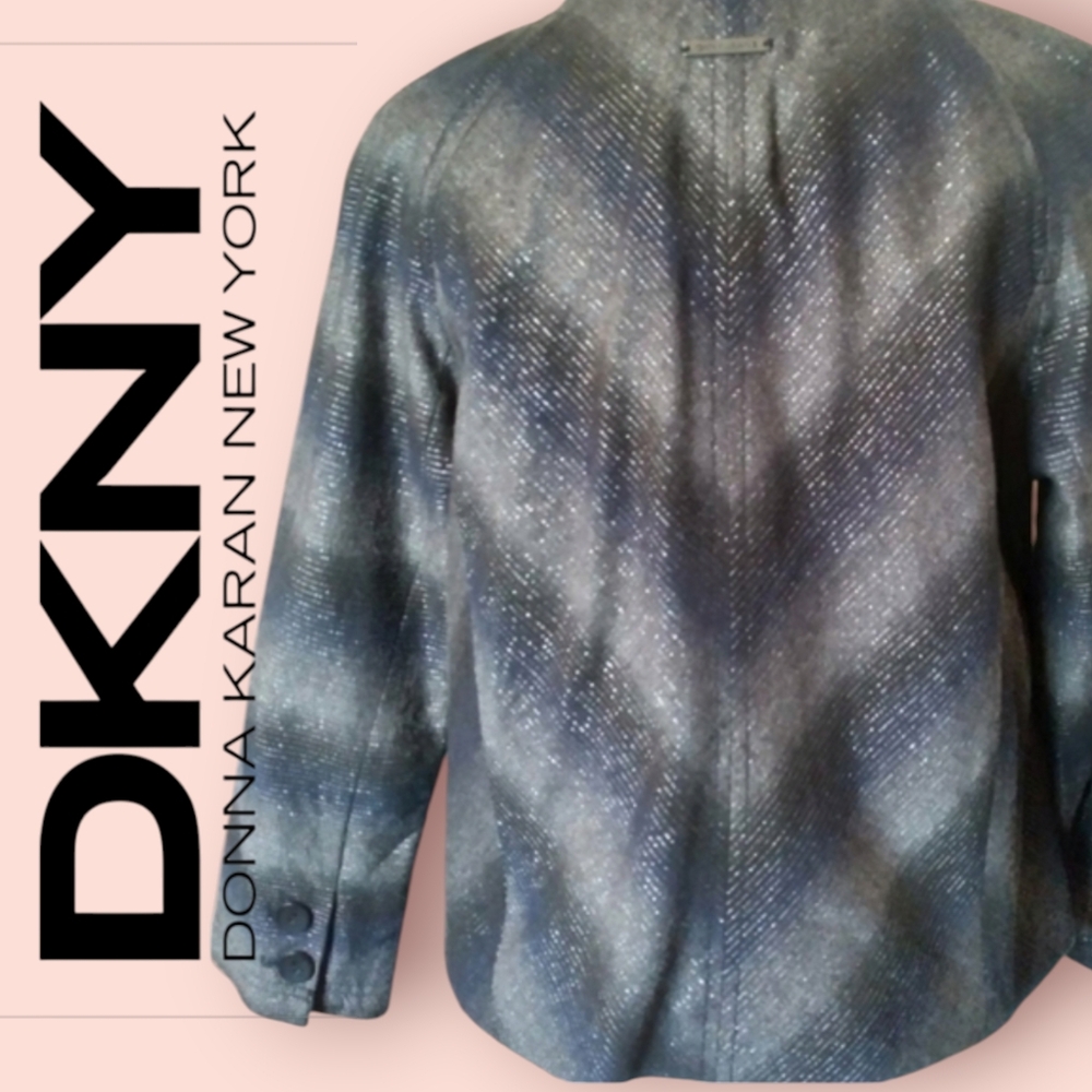 DKNY BLAZER CHEVRON NAVY GRAY DOUBLE BREASTED COAT MEDIUM PETITE WOMENS